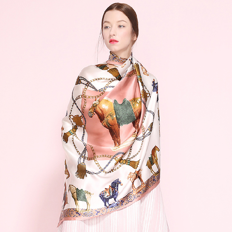 Sciarpa di seta moda donna in pura seta serigrafata all'ingrosso con etichetta personalizzata